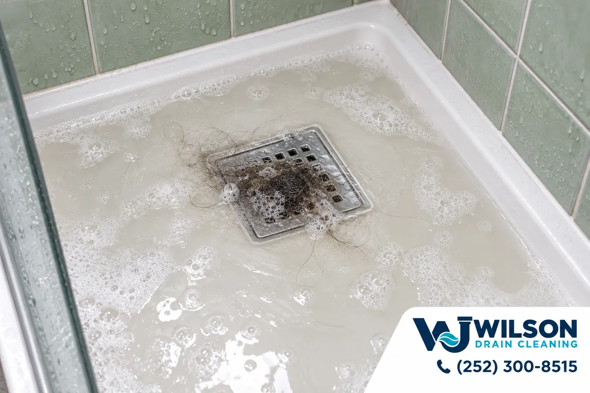 Before view: White shower tray with square chrome drain.