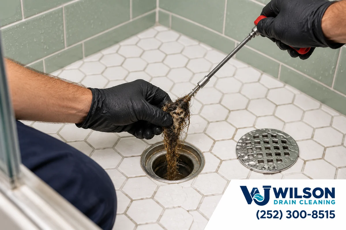 Gloved hands removing hair buildup from a shower drain.