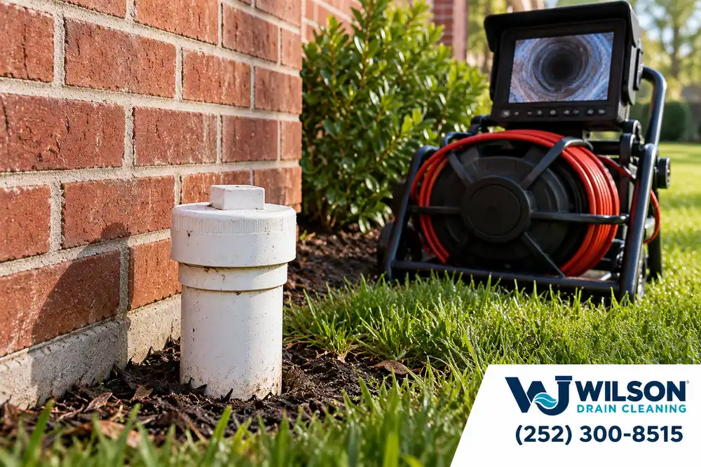Before view: Exterior white PVC inspection cleanout beside red brick wall and neat grass.