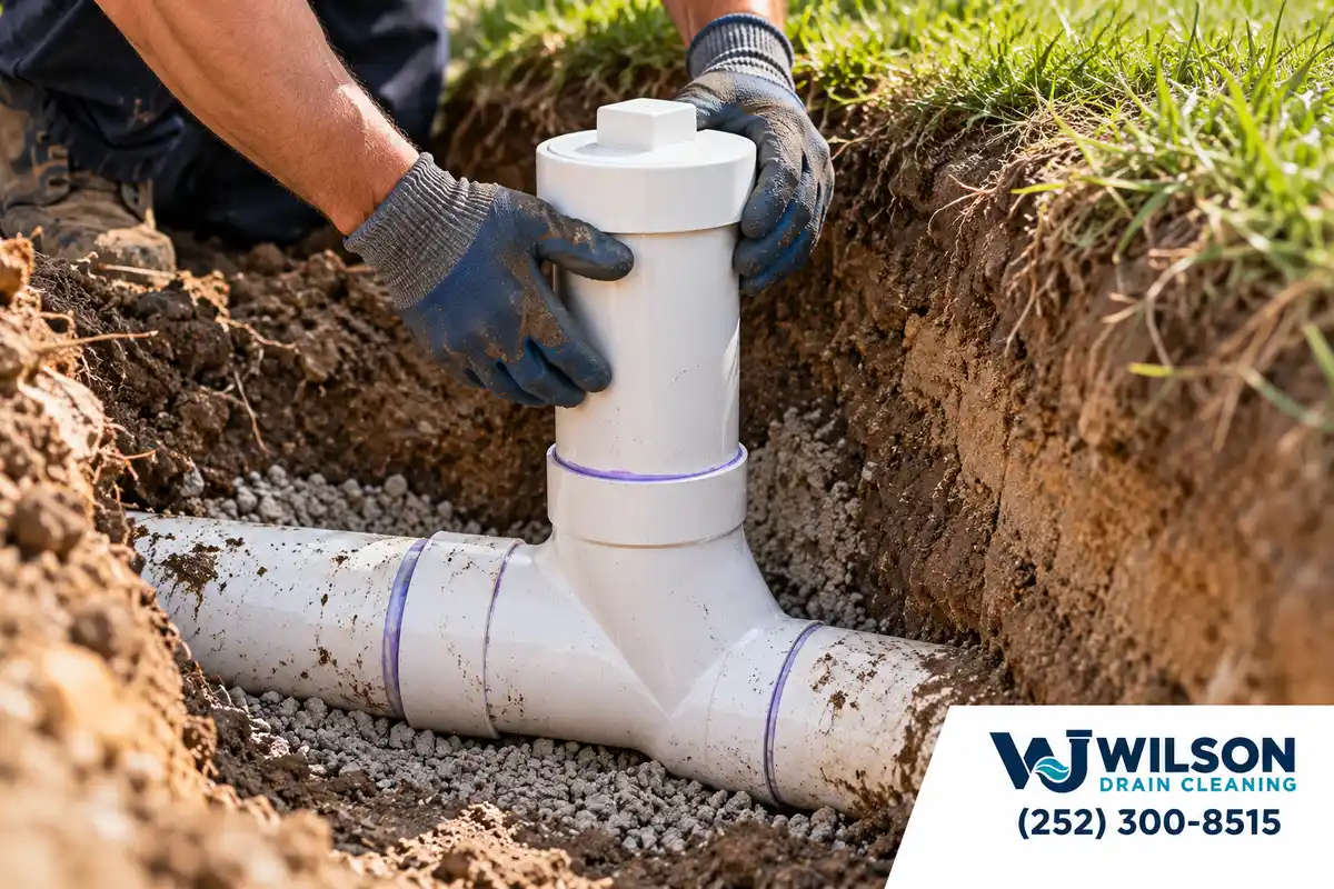 Gloved hands fitting a PVC cleanout riser to a sewer line wye.