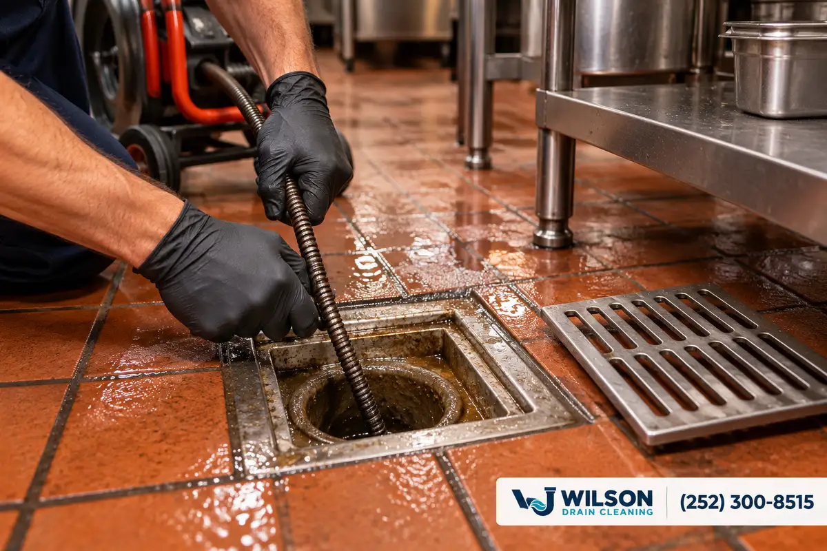 Technician clearing a commercial kitchen floor drain with a drain cable.