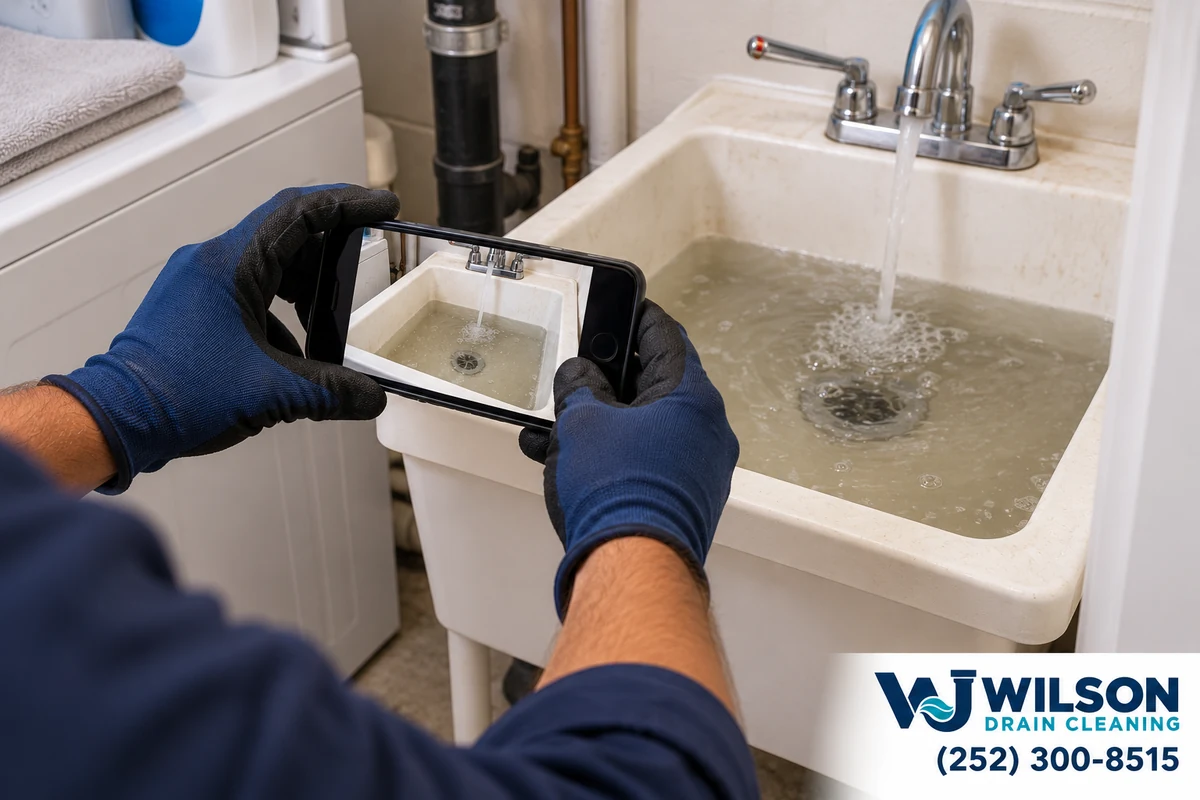 Technician photographing a utility sink for a drain service assessment.