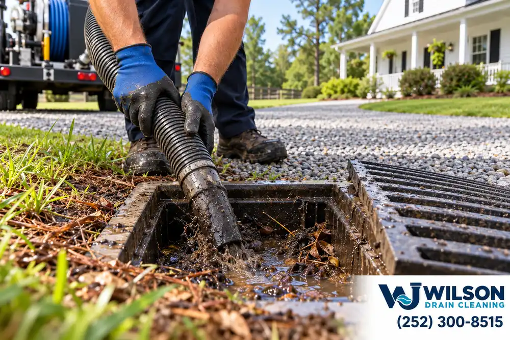 Gloved hands removing sediment from a drain near a gravel driveway.