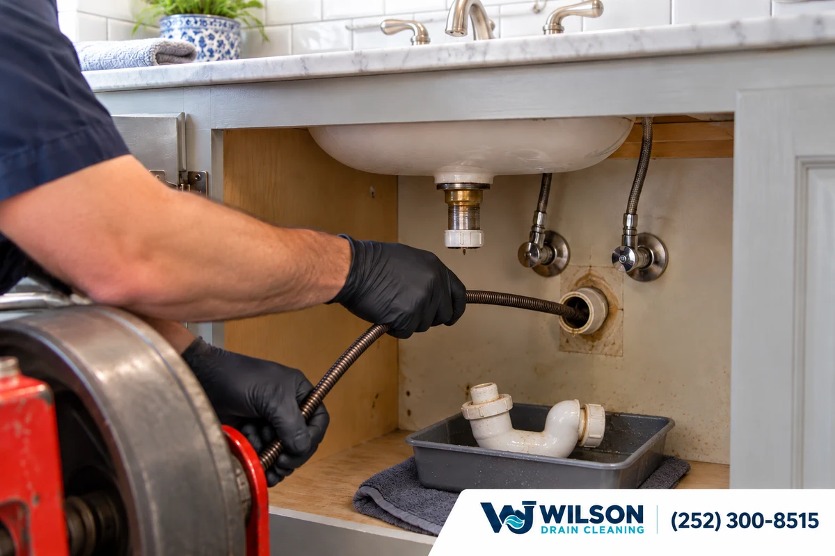 Technician clearing a bathroom branch drain beneath a wood vanity.