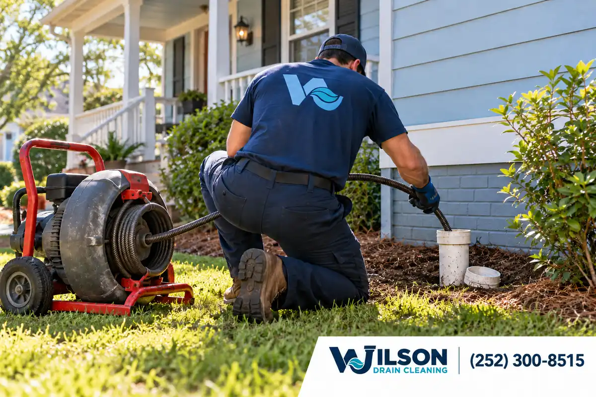 Technician servicing an outdoor cleanout beside a pale-blue bungalow.
