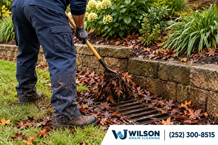 Technician removing leaves from a residential yard drain.