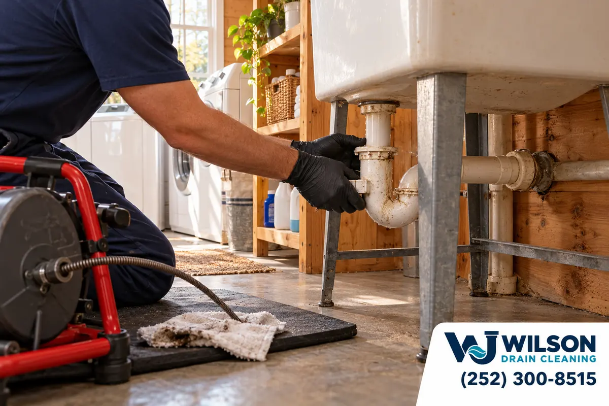 Gloved hands opening a utility sink trap in a rural laundry room.