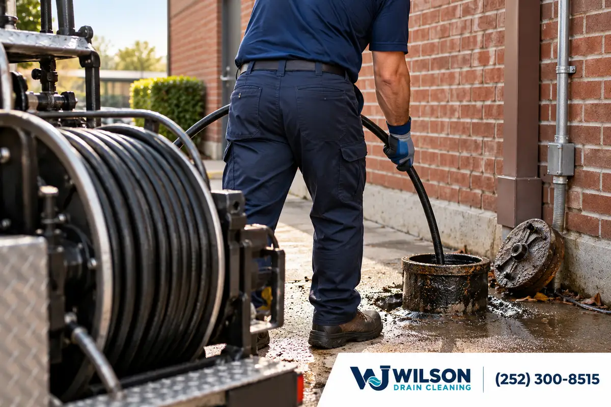 Technician servicing an exterior restaurant sewer cleanout.