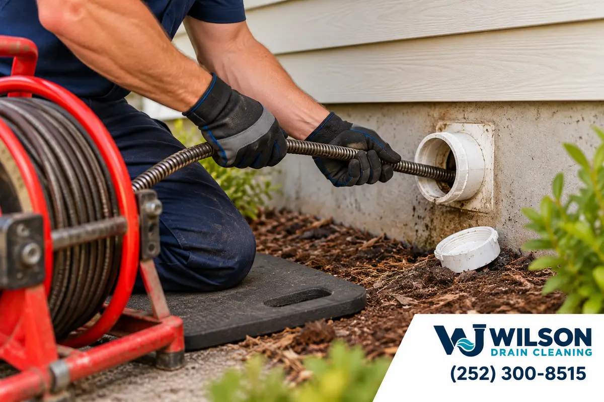 Technician clearing a drain through an exterior crawl-space access opening.