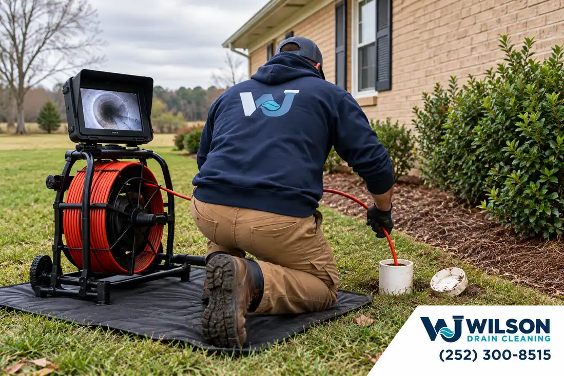 Technician inspecting a sewer cleanout beside a tan brick home.