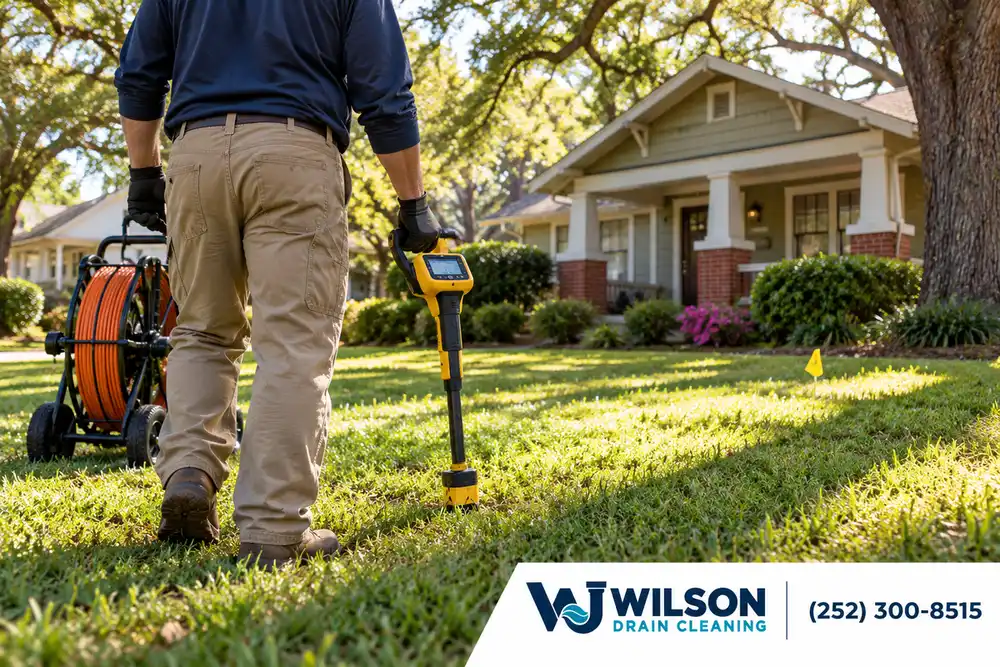 Technician locating a sewer line across an established residential lawn.