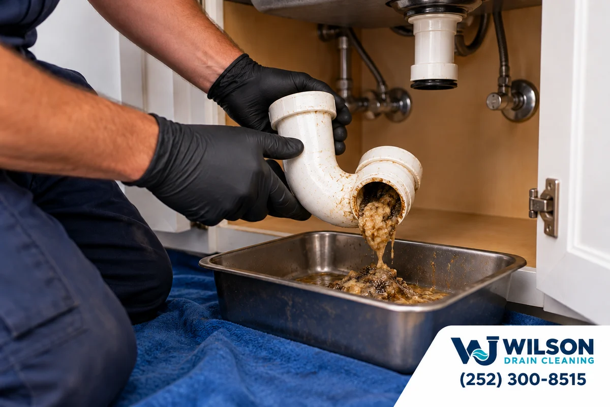 Gloved hands removing grease from a kitchen drain trap.