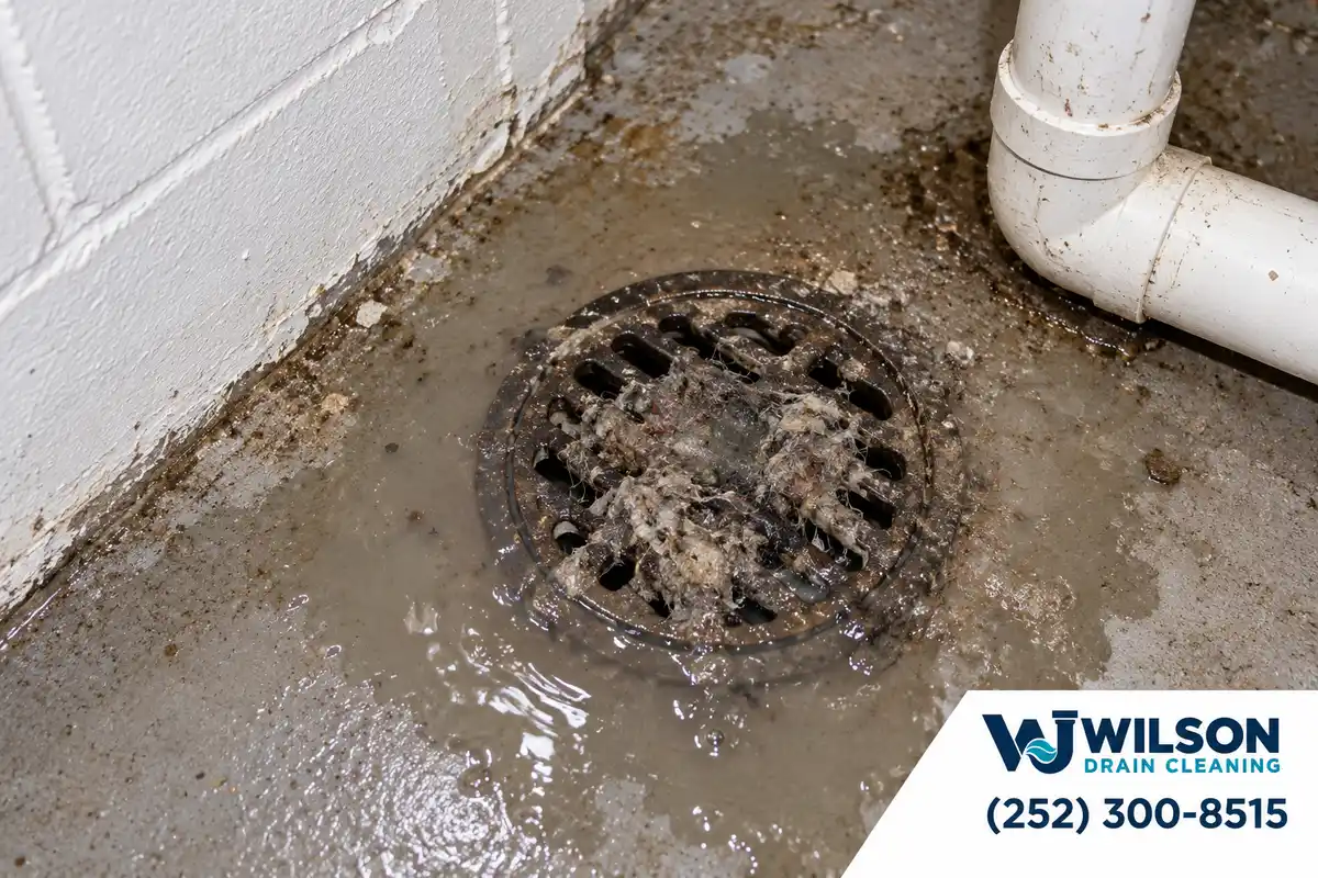 Before view: Gray basement utility floor drain with round metal grate beside white-painted masonry.