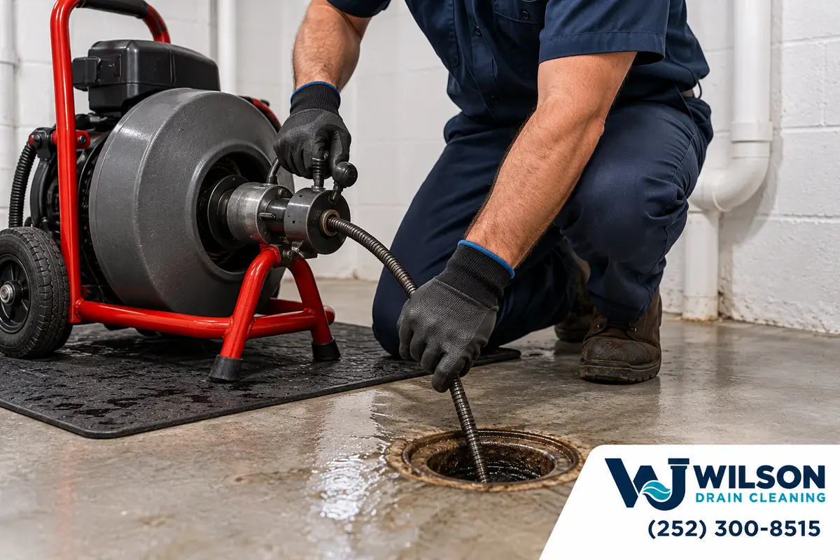 Technician operating a cable machine at a basement floor drain.