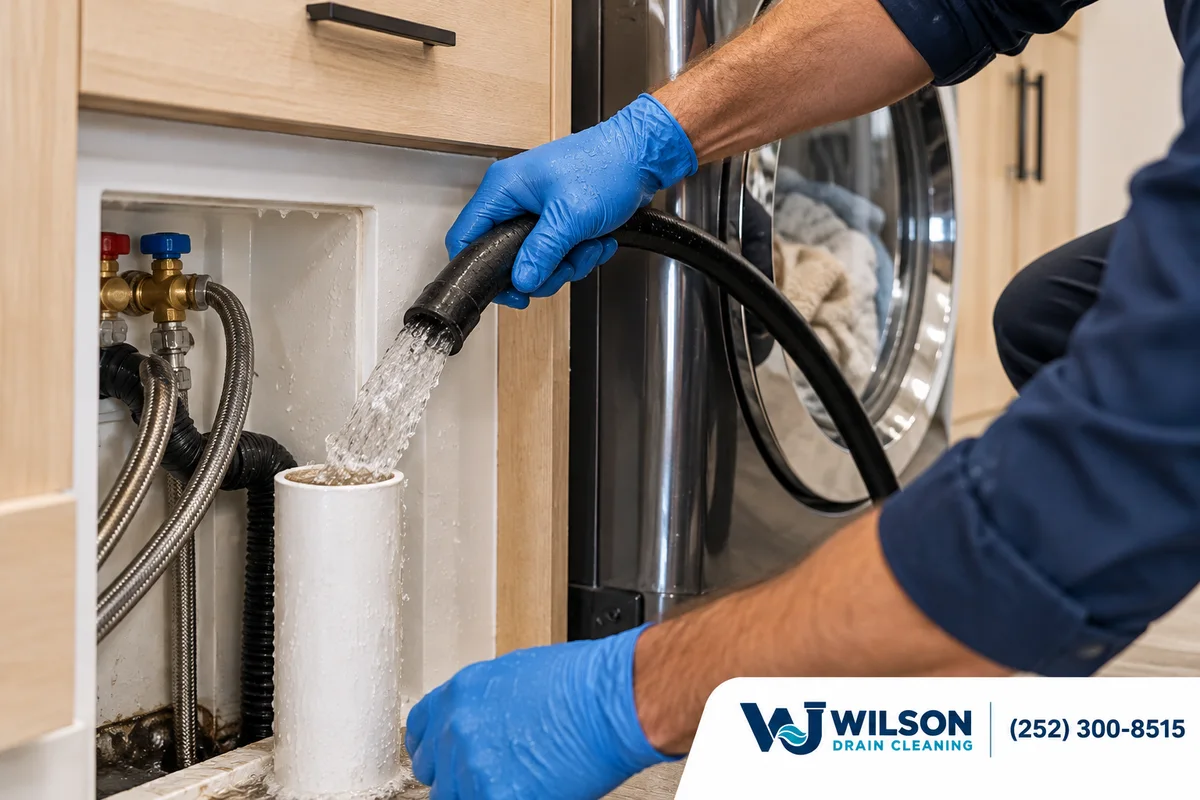 Technician checking a washer standpipe after drain service.