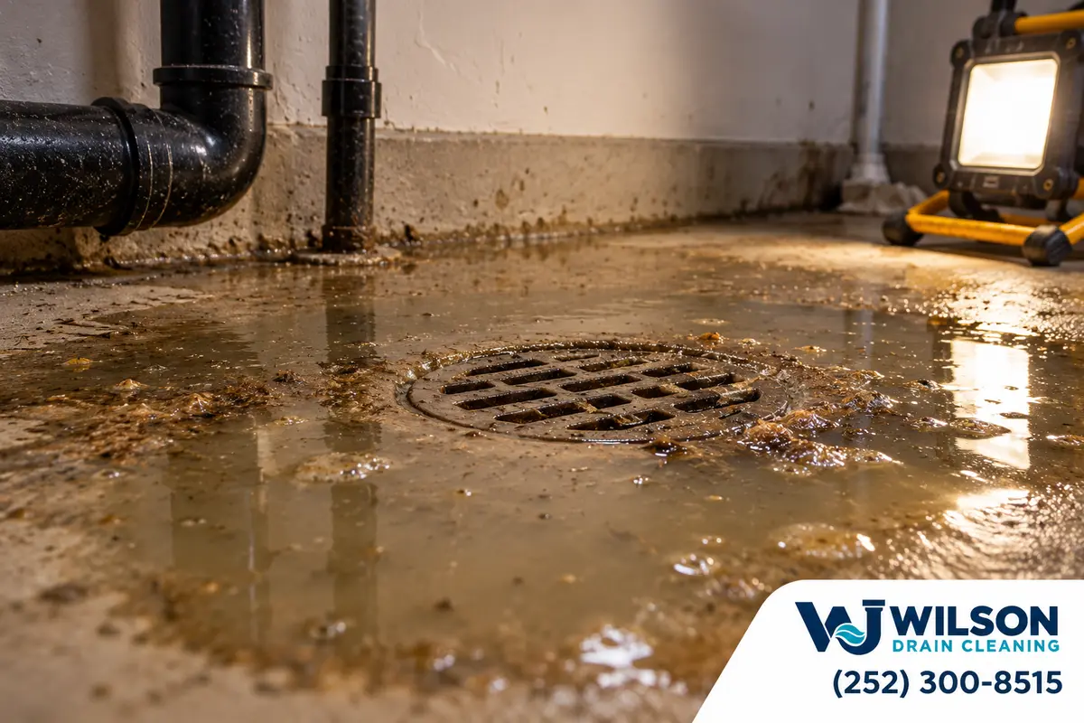 Before view: Small utility floor drain under portable work light.