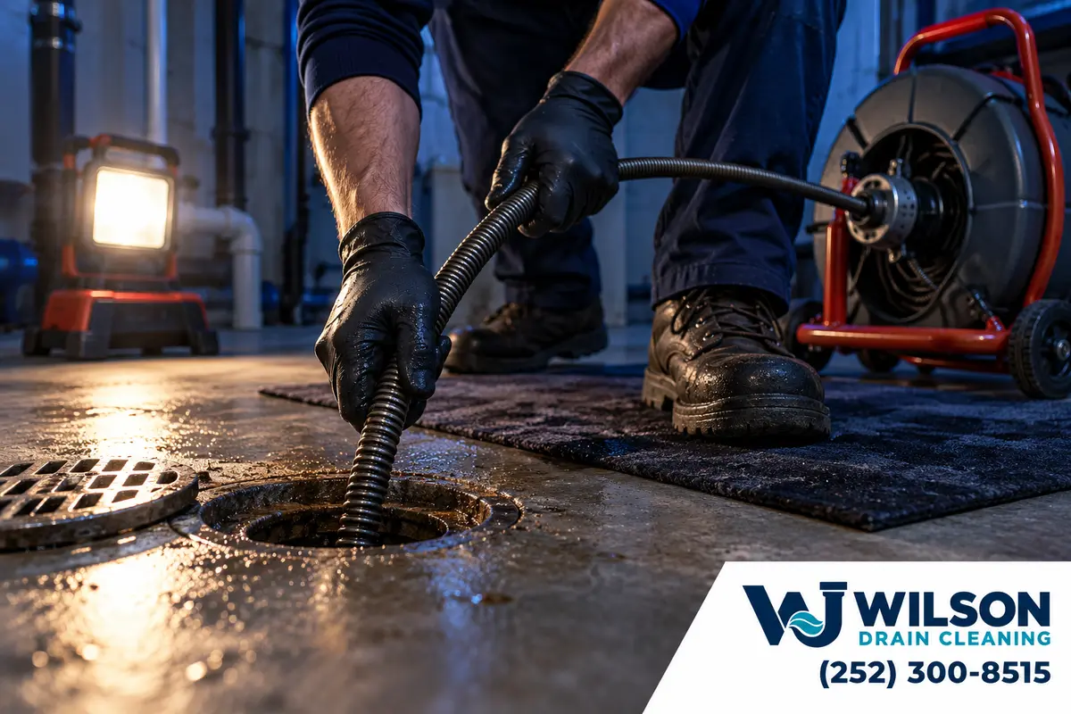 Technician clearing a utility floor drain under an emergency work light.