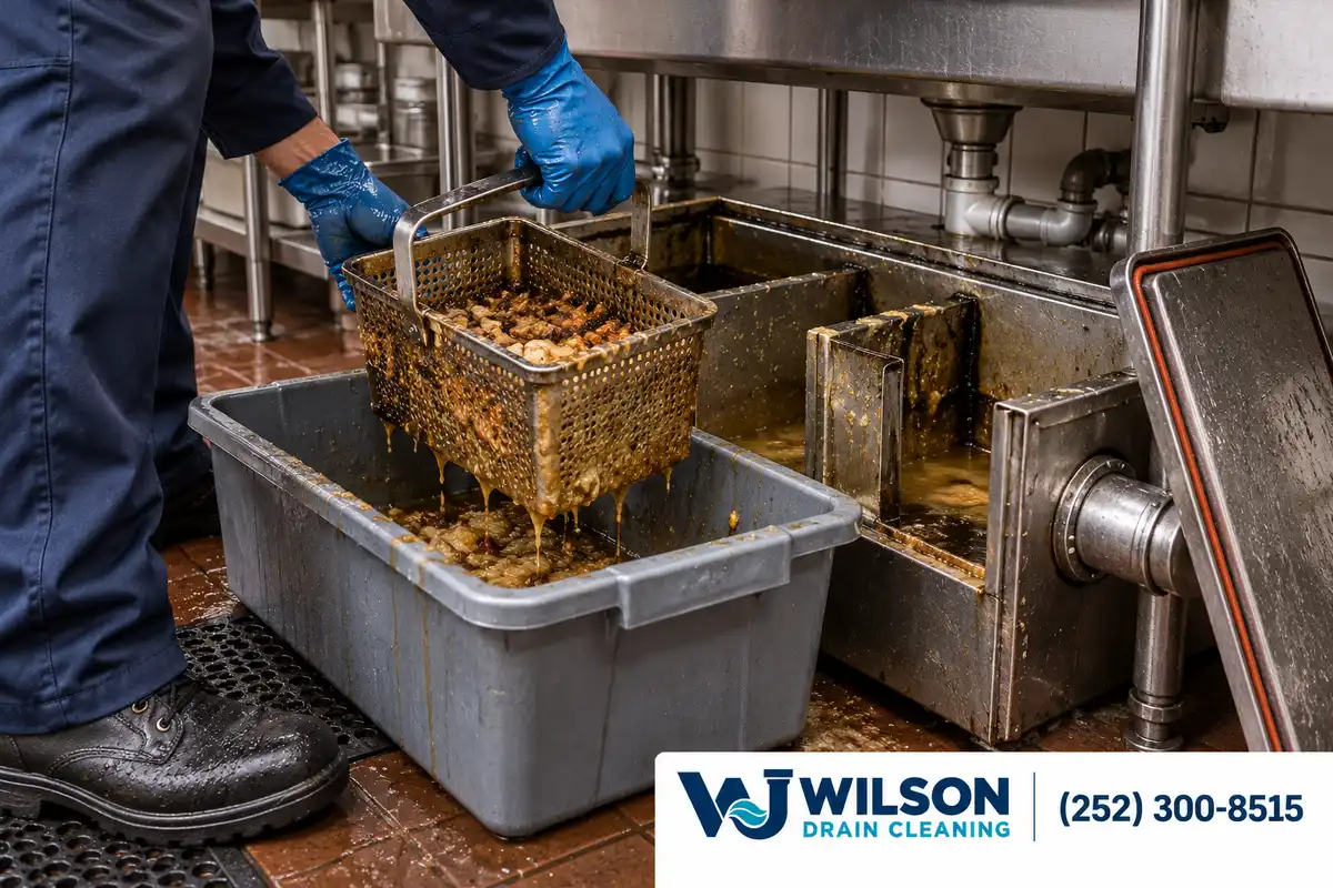 Gloved hands removing a grease trap basket into a catch tub.