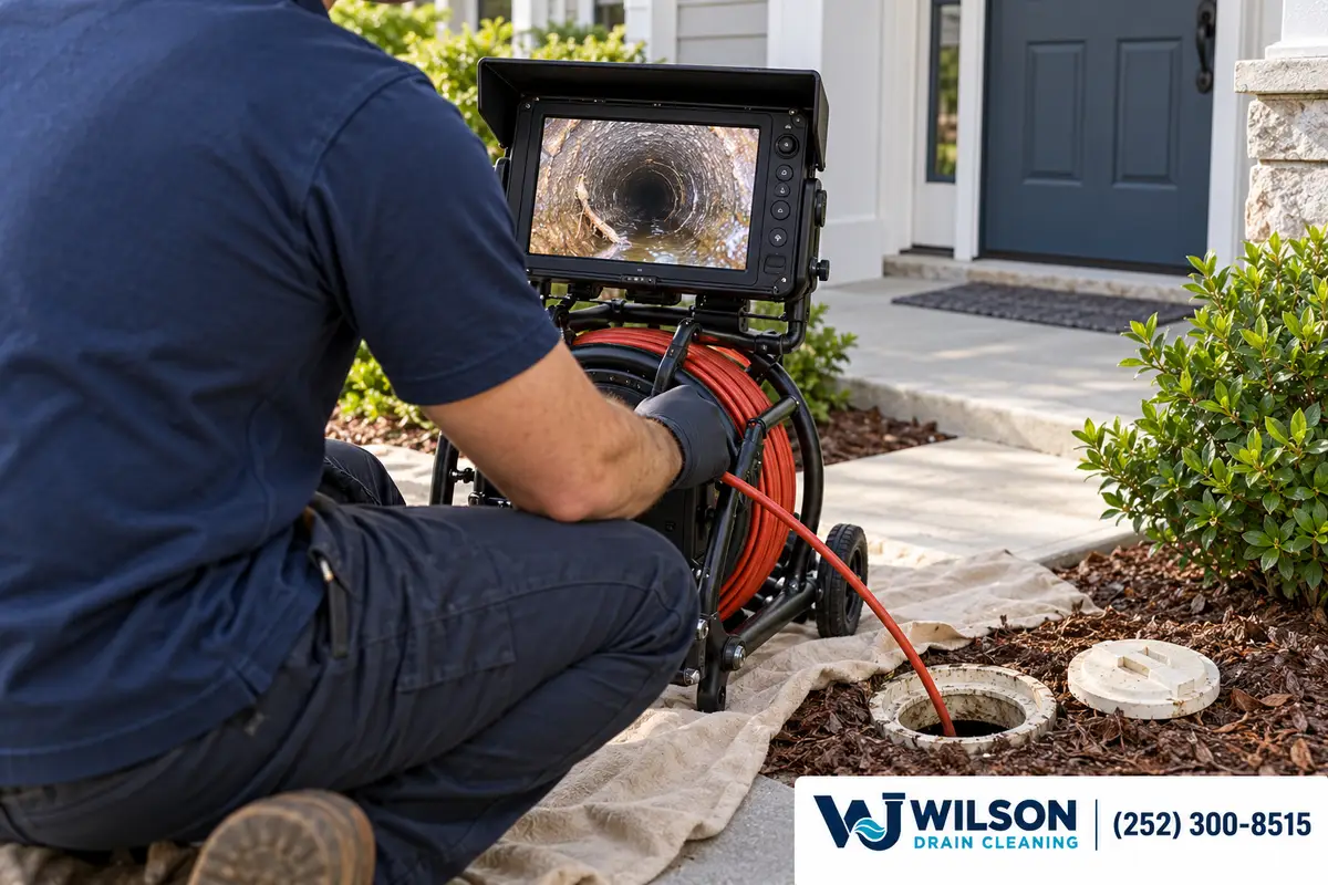 Technician reviewing a sewer camera during a homebuyer inspection.