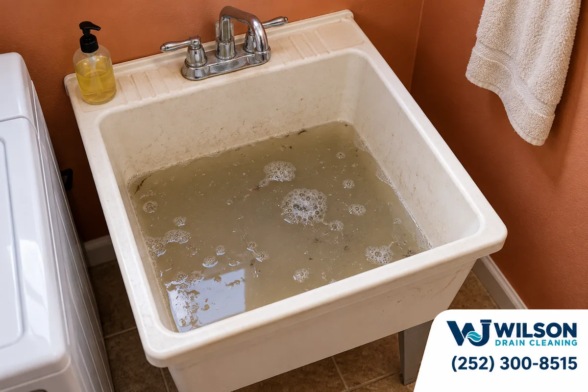 Before view: Residential utility sink in a terracotta-painted laundry room.