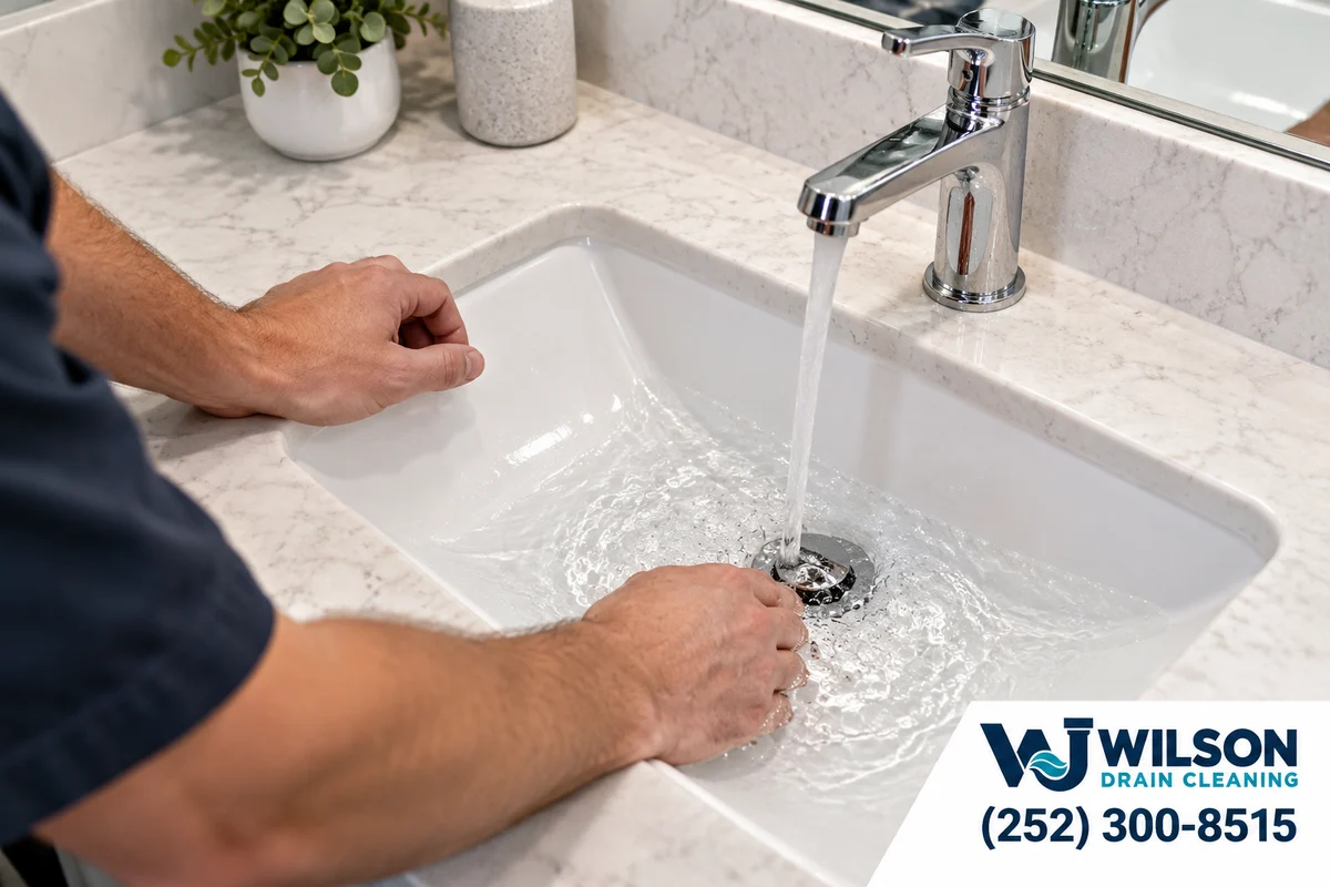 Technician checking drainage in a bathroom sink.
