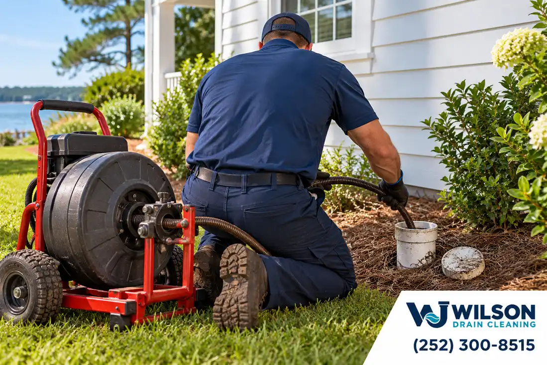Technician clearing a residential sewer cleanout with a drain cable machine.