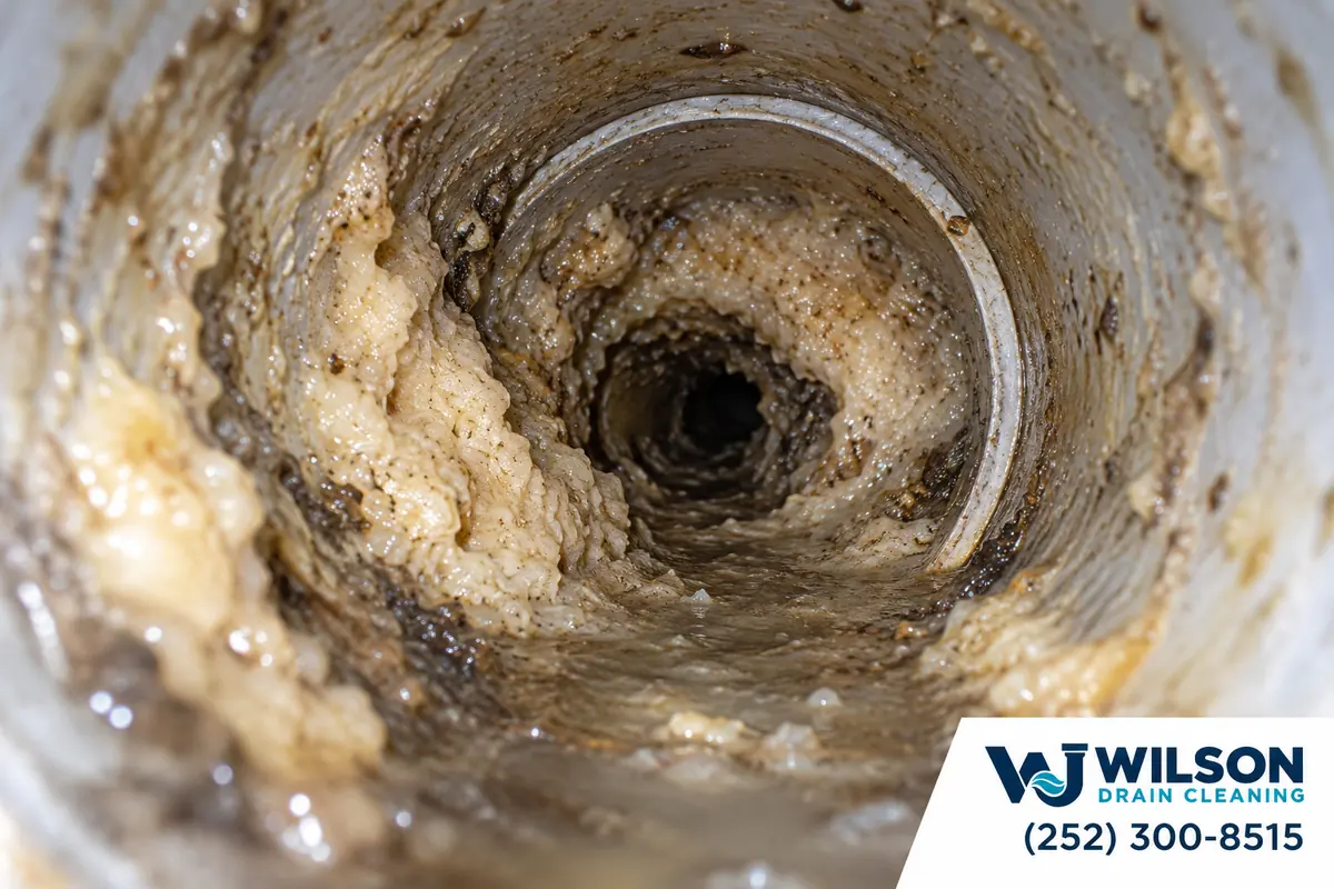 Before view: Photorealistic close internal camera view down a circular sewer pipe.
