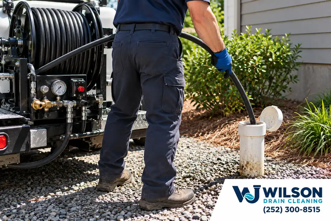 Technician feeding a hydro jetting hose into an outdoor sewer cleanout.