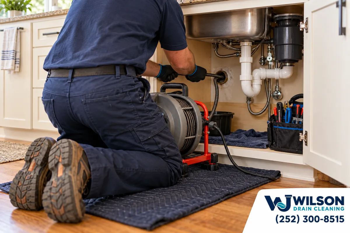 Technician using a drain cable beneath a kitchen sink.