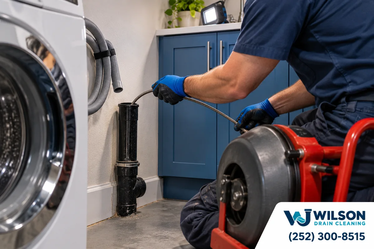 Technician feeding a drain cable into a laundry standpipe.