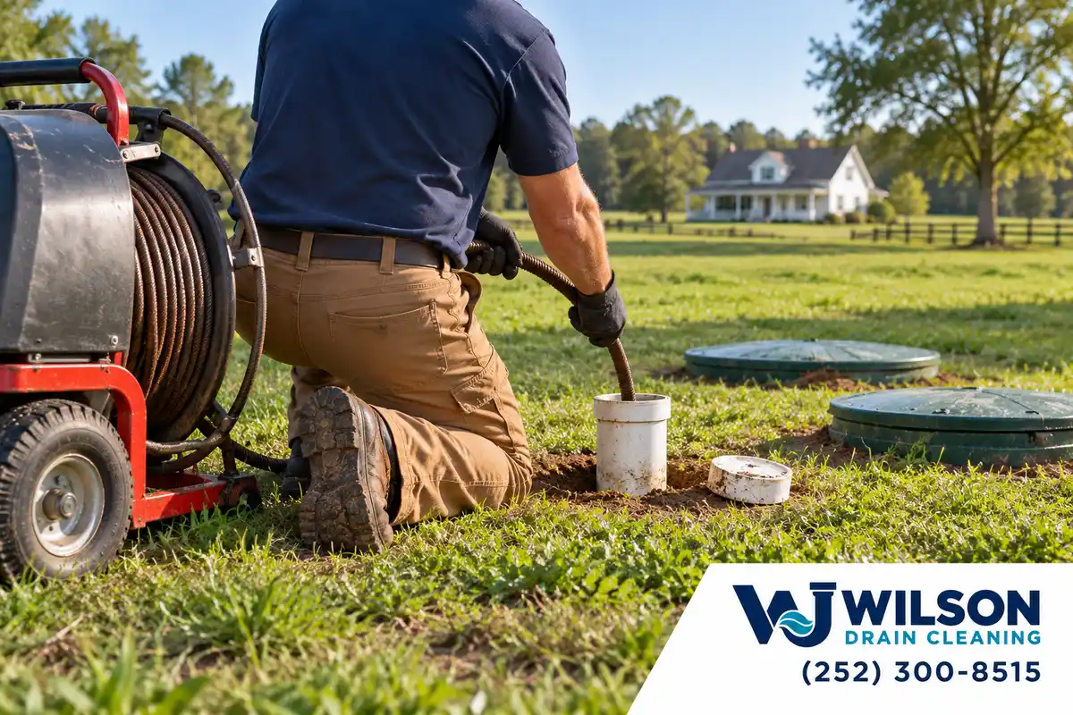 Technician servicing a rural home septic inlet line through a cleanout.