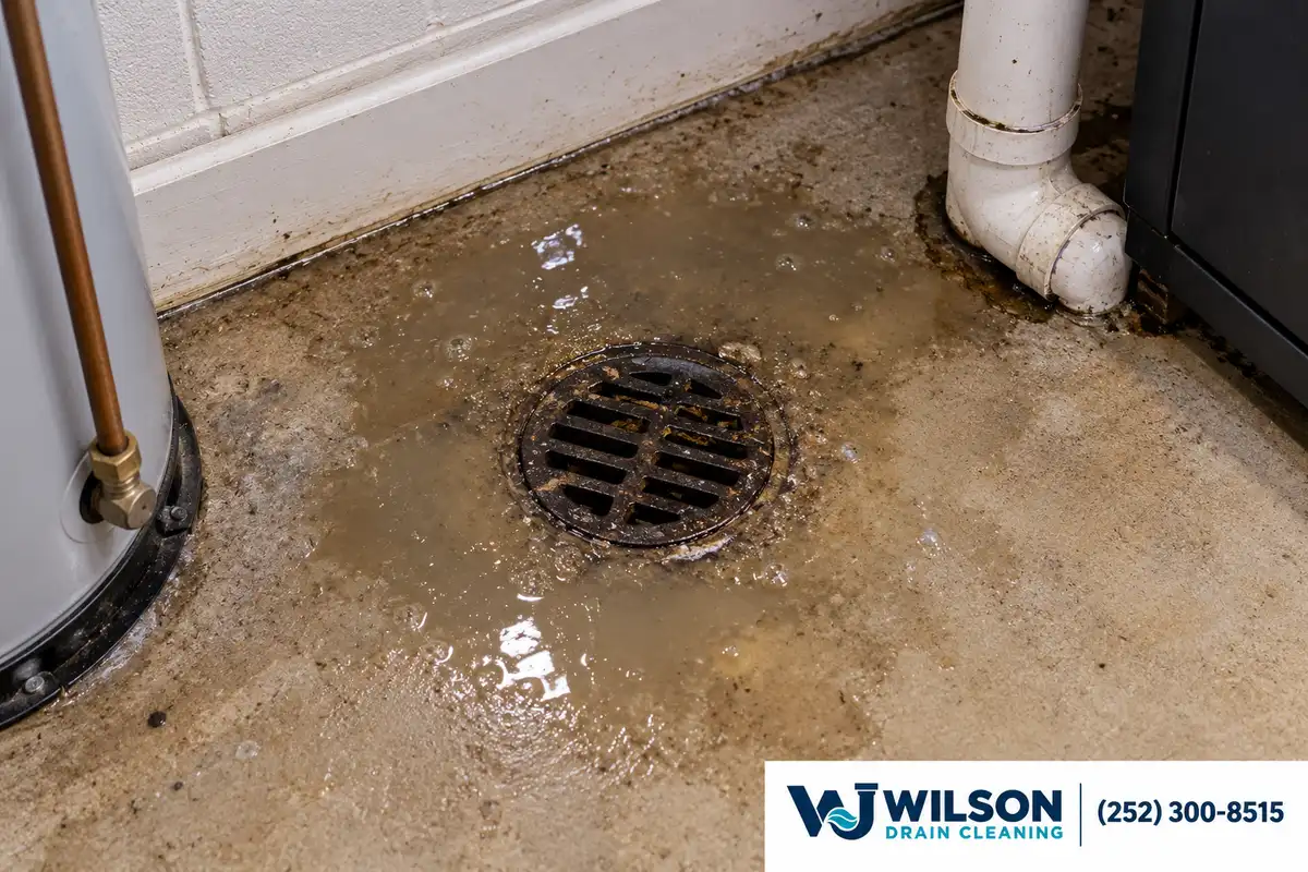 Before view: Basement floor drain with shallow wastewater around it.