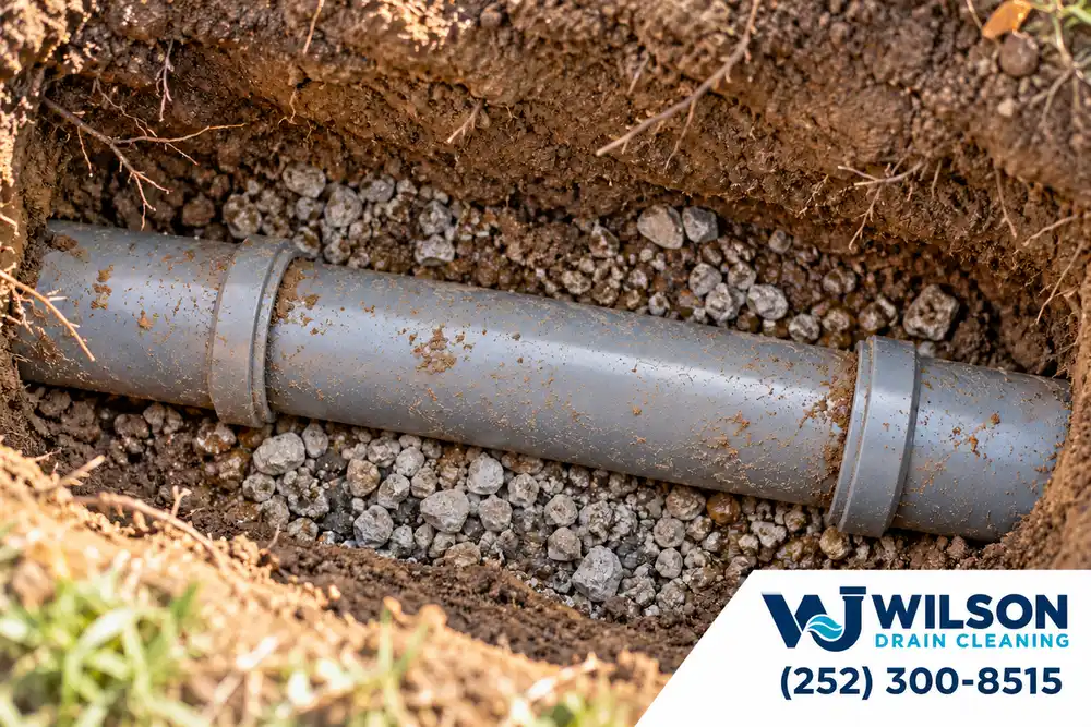 After view for sewer line repair, showing the same scene after service.