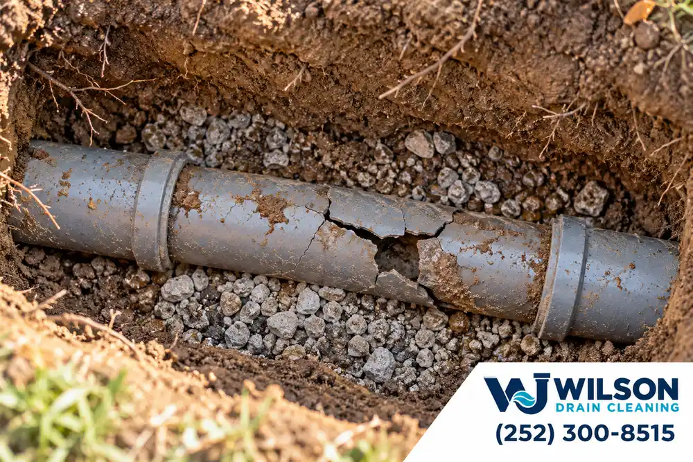 Before view: Shallow supported excavation showing visibly cracked gray sewer pipe section between intact ends.
