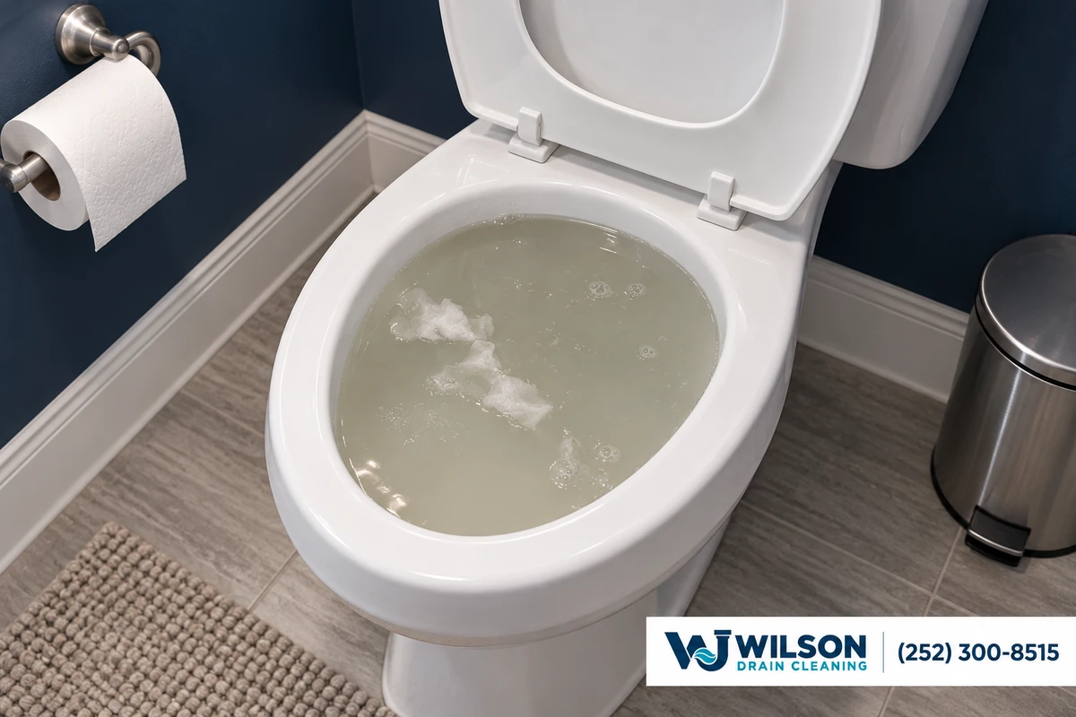 Before view: White toilet in navy-wall bathroom.