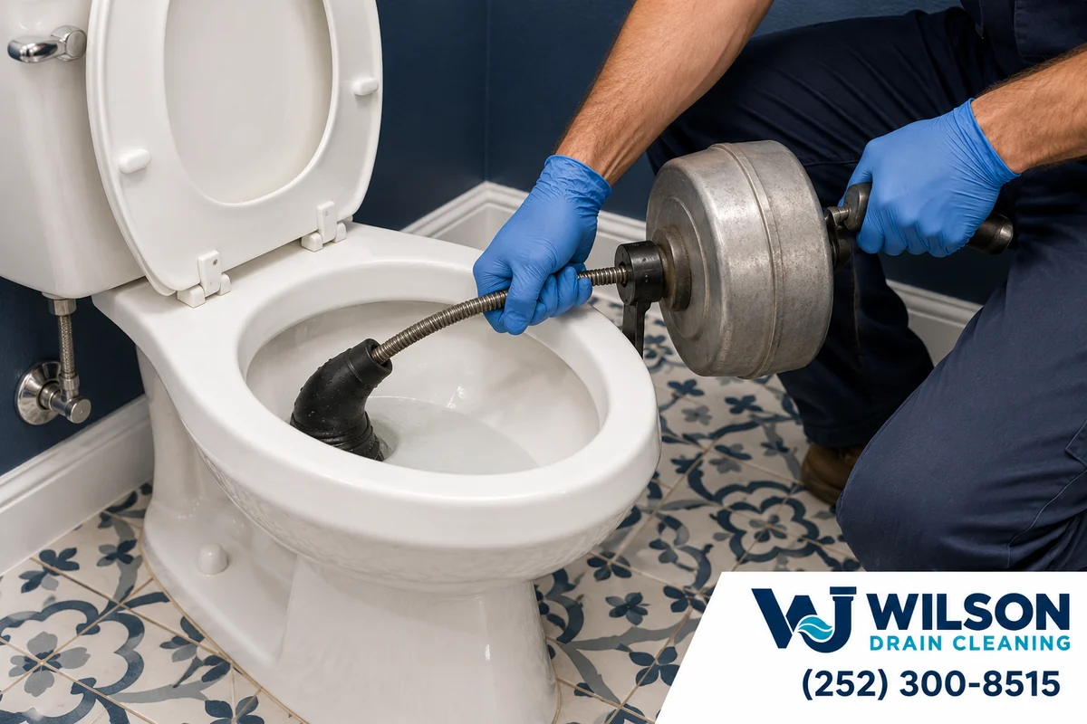Technician clearing a toilet with a protected closet auger.