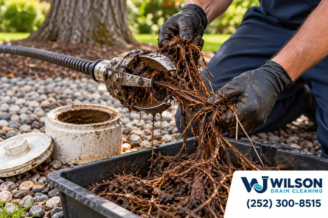 Gloved hands retrieving cut roots from a sewer drain cable.