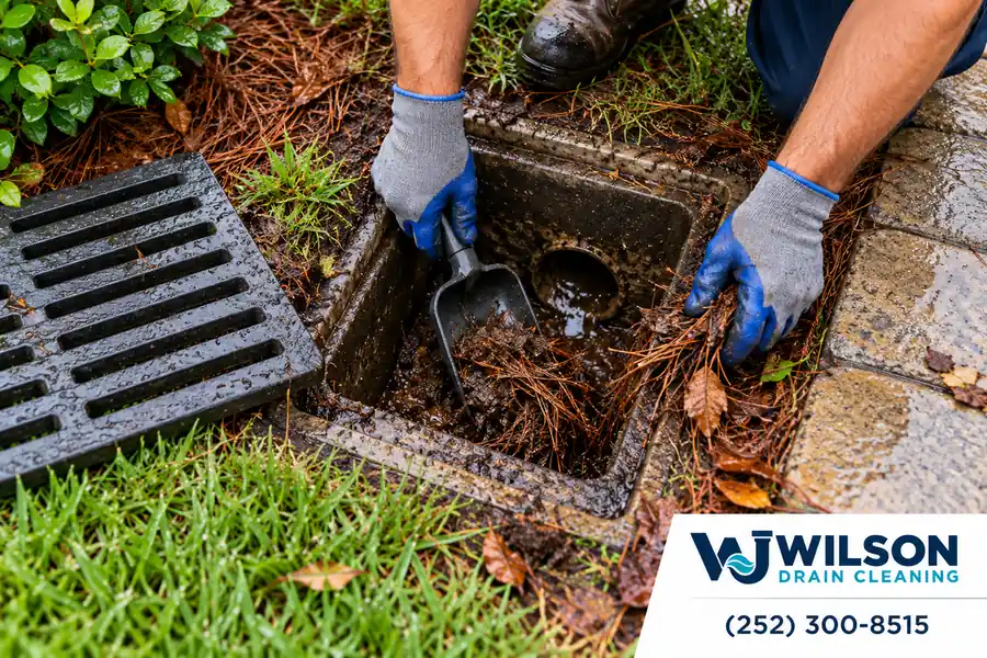 Gloved hands removing leaves and sediment from a yard catch basin.